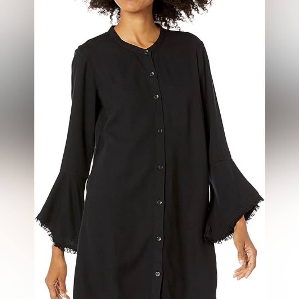 Splendid Medium Black Frayed Flare Bell Sleeve Button Down Midi Sheath Dress‎